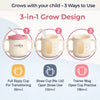 Infographic showing Cubkins raspberry training cup used 3 ways: as a full sippy cup for 6 months plus, straw cup without lid for 12 months plus, and open trainer mug for 18 months plus