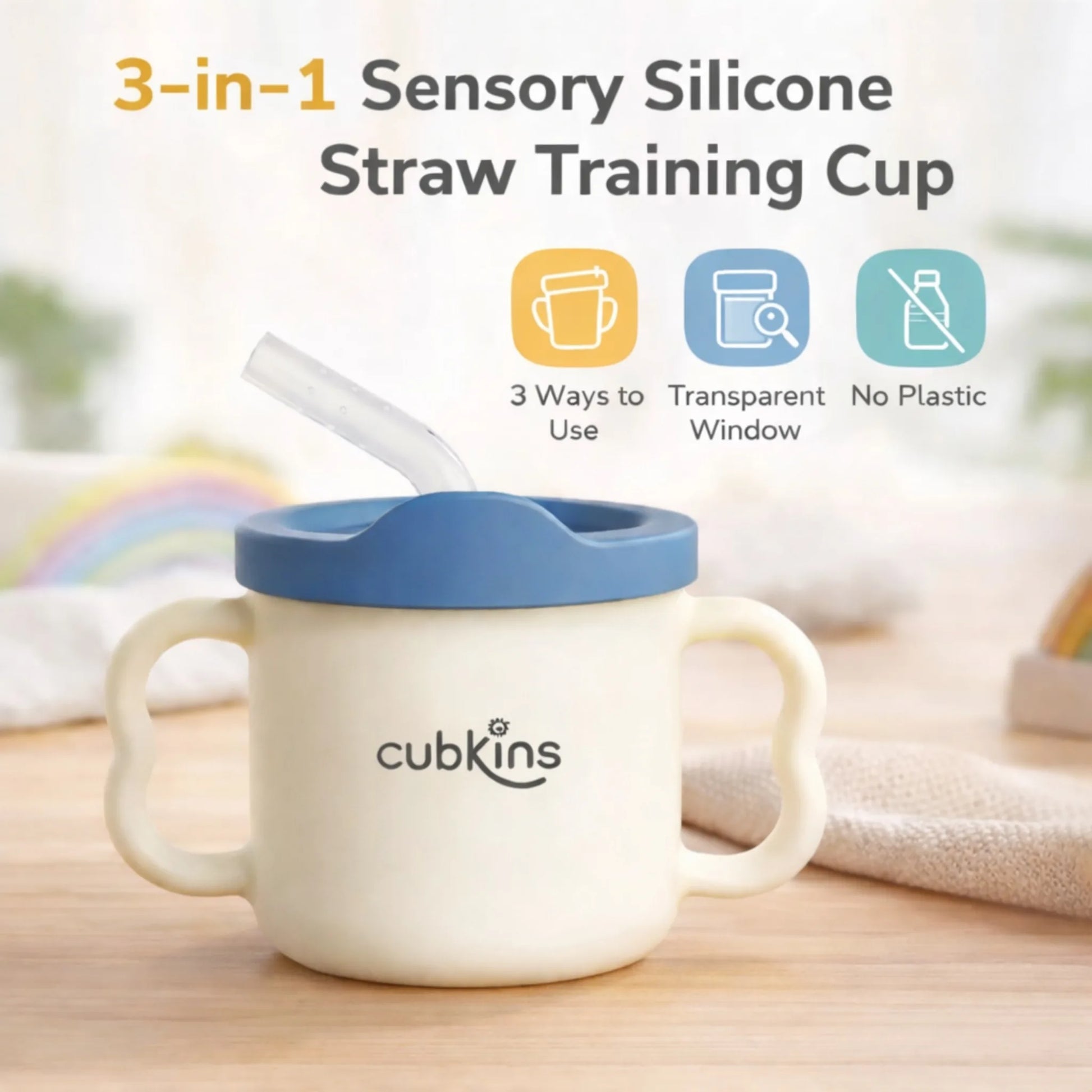 Cubkins 3-in-1 Sensory Silicone Straw Training Cup in blue with dual handles, silicone straw, and icons highlighting 3 ways to use, transparent window, and no plastic