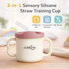Cubkins 3-in-1 Sensory Silicone Straw Training Cup in raspberry pink with dual handles, silicone straw, and icons highlighting 3 ways to use, transparent window, and no plastic