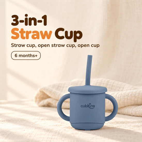 Cubkins 3-in-1 silicone straw cup in Blue Olive with lid and straw, two handles and the cubkins wordmark, for 6 months+