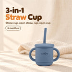 Cubkins 3-in-1 silicone straw cup in Blue Olive with lid and straw, two handles and the cubkins wordmark, for 6 months+