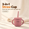 Cubkins 3-in-1 silicone straw cup in Raspberry with lid and straw, two handles and the cubkins wordmark, for 6 months+