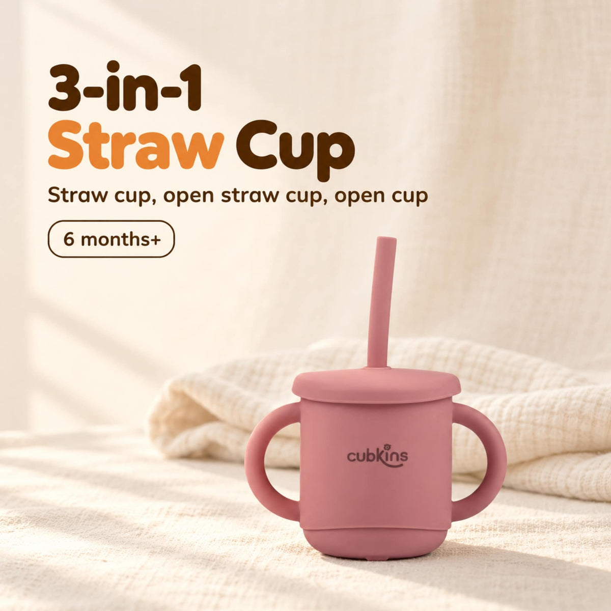 Cubkins 3-in-1 silicone straw cup in Raspberry with lid and straw, two handles and the cubkins wordmark, for 6 months+