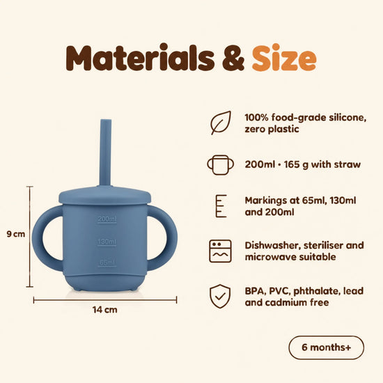 Cubkins blue olive 3-in-1 straw cup with measuring lines, 14 cm handle to handle and 9 cm tall, 200ml, 165 g, 100% food-grade silicone