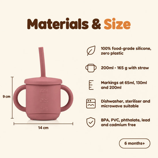 Cubkins raspberry 3-in-1 straw cup with measuring lines, 14 cm handle to handle and 9 cm tall, 200ml, 165 g, 100% food-grade silicone