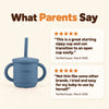 Two five-star reviews of the Cubkins 3-in-1 straw cup from verified buyers beside the blue olive cup