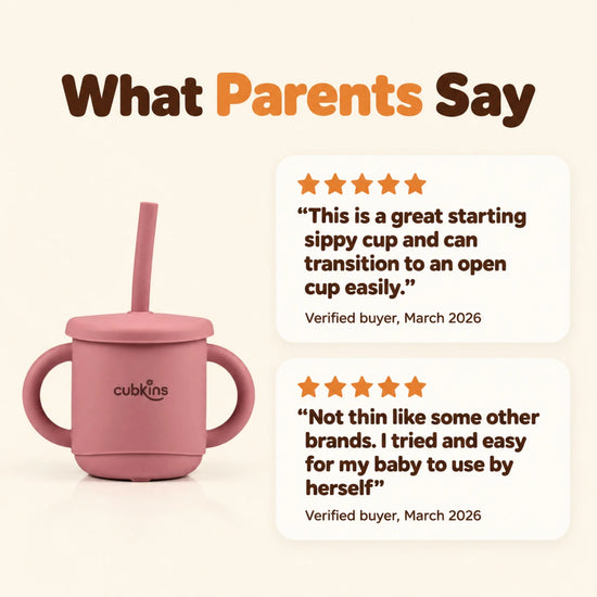 Two five-star reviews of the Cubkins 3-in-1 straw cup from verified buyers beside the raspberry cup
