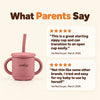 Two five-star reviews of the Cubkins 3-in-1 straw cup from verified buyers beside the raspberry cup