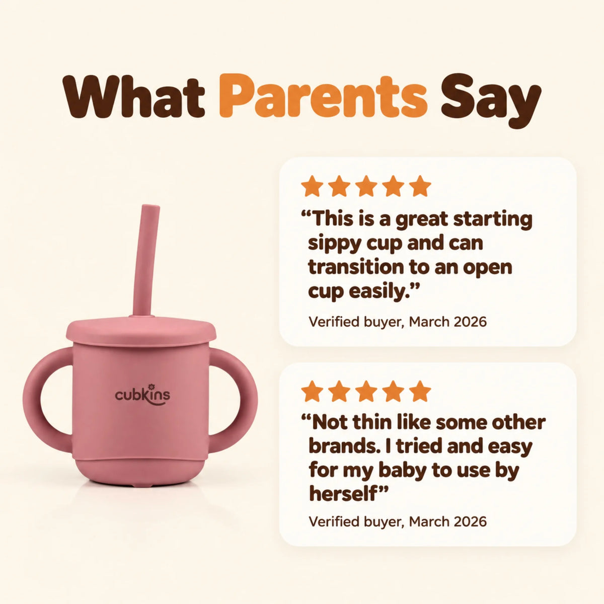 Two five-star reviews of the Cubkins 3-in-1 straw cup from verified buyers beside the raspberry cup