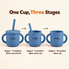 Three Cubkins blue olive silicone cups showing the stages: straw cup with lid from 6 months, open straw cup from 12 months, open cup from 18 months