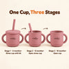 Three Cubkins raspberry silicone cups showing the stages: straw cup with lid from 6 months, open straw cup from 12 months, open cup from 18 months