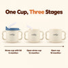 Cubkins blue olive 3-in-1 training cup stages: straw cup with lid from 6 months, open straw cup from 12 months, open cup from 18 months