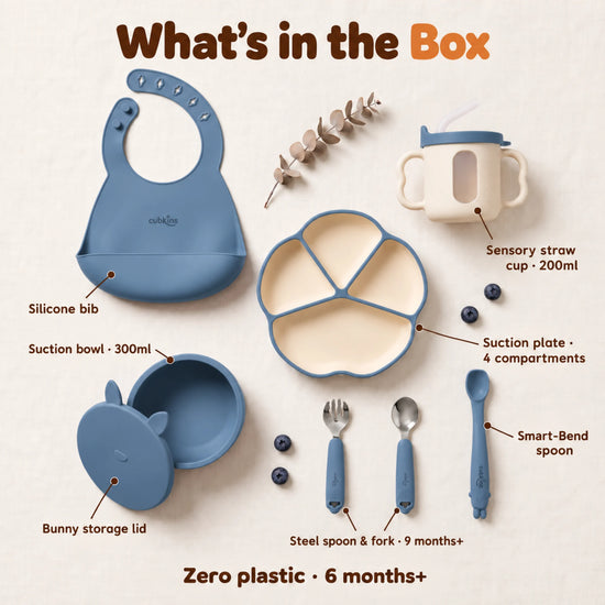 What's in the Cubkins Blue Olive 7-piece feeding set: suction plate, 300ml suction bowl, bunny storage lid, bib, 200ml sensory straw cup, Smart-Bend spoon, steel spoon and fork