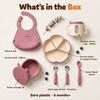 What's in the Cubkins Raspberry 7-piece feeding set: suction plate, 300ml suction bowl, bunny storage lid, bib, 200ml sensory straw cup, Smart-Bend spoon, steel spoon and fork