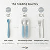 Infographic showing the three stages of baby feeding: soft silicone spoon at 6 months, Cubkins blue steel cutlery set in travel case at 9 months, and regular family cutlery at 18 months
