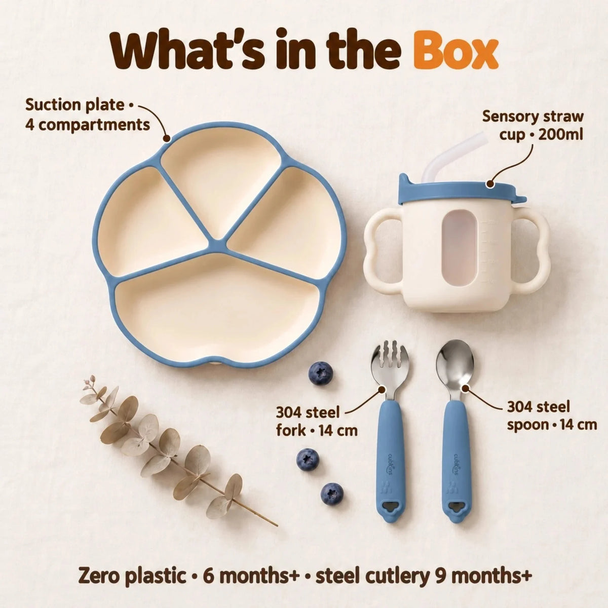 What's in the Cubkins Blue Olive plate, cup, spoon and fork set: 4-compartment suction plate, 200ml sensory straw training cup and 14 cm 304 steel spoon and fork