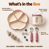 What's in the Cubkins Raspberry plate, cup, spoon and fork set: 4-compartment suction plate, 200ml sensory straw training cup and 14 cm 304 steel spoon and fork