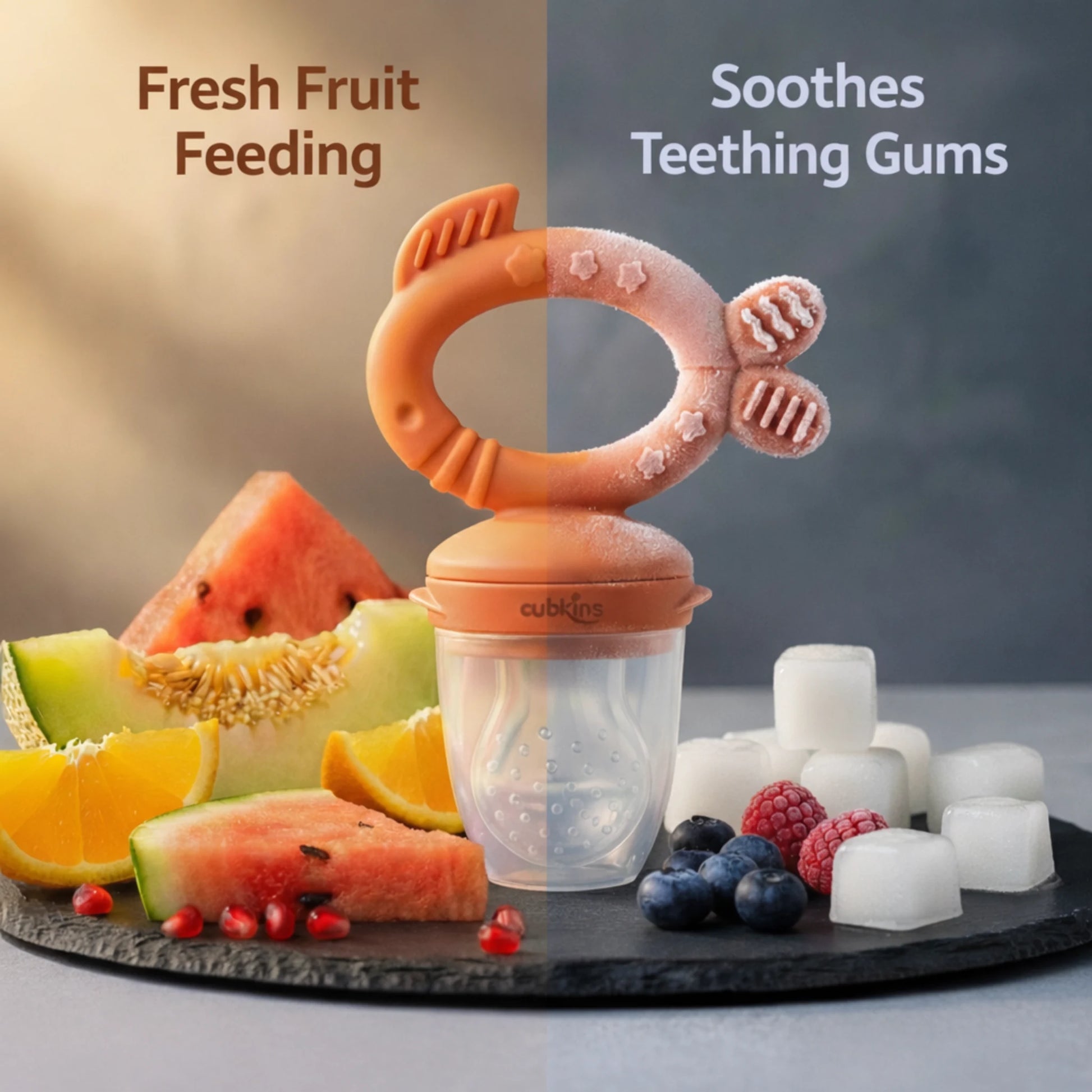 Cubkins silicone baby feeder filled with fresh fruit alongside a frozen treat version for soothing teething gums – dual use feeder and soother