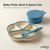 Cubkins 3-piece silicone baby feeding set in Blue Olive — 4-compartment suction thali plate, suction bowl with bunny-ear lid, and bendable spoon on a neutral background