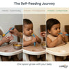 Three-stage self-feeding journey with Cubkins blue spoon: guided feeding at 6 months, first independence at 10 months, and confident self-feeder at 14 months