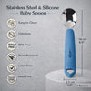 Infographic showing Cubkins baby spoon dimensions of 14cm x 3.3cm with BPA-free and dishwasher-safe icons, Blue Olive