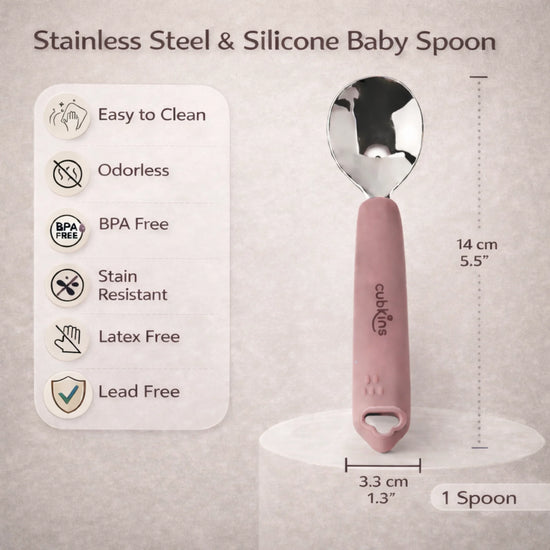 Infographic showing Cubkins baby spoon dimensions of 14cm x 3.3cm with BPA-free and dishwasher-safe icons