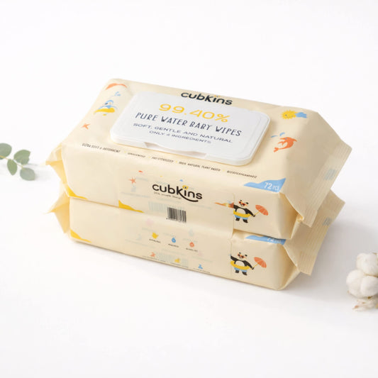 Bundle of 2 Cubkins Pure Water Baby Wipes pack of 72 unscented plant-based wipes with moisture-lock flip lid