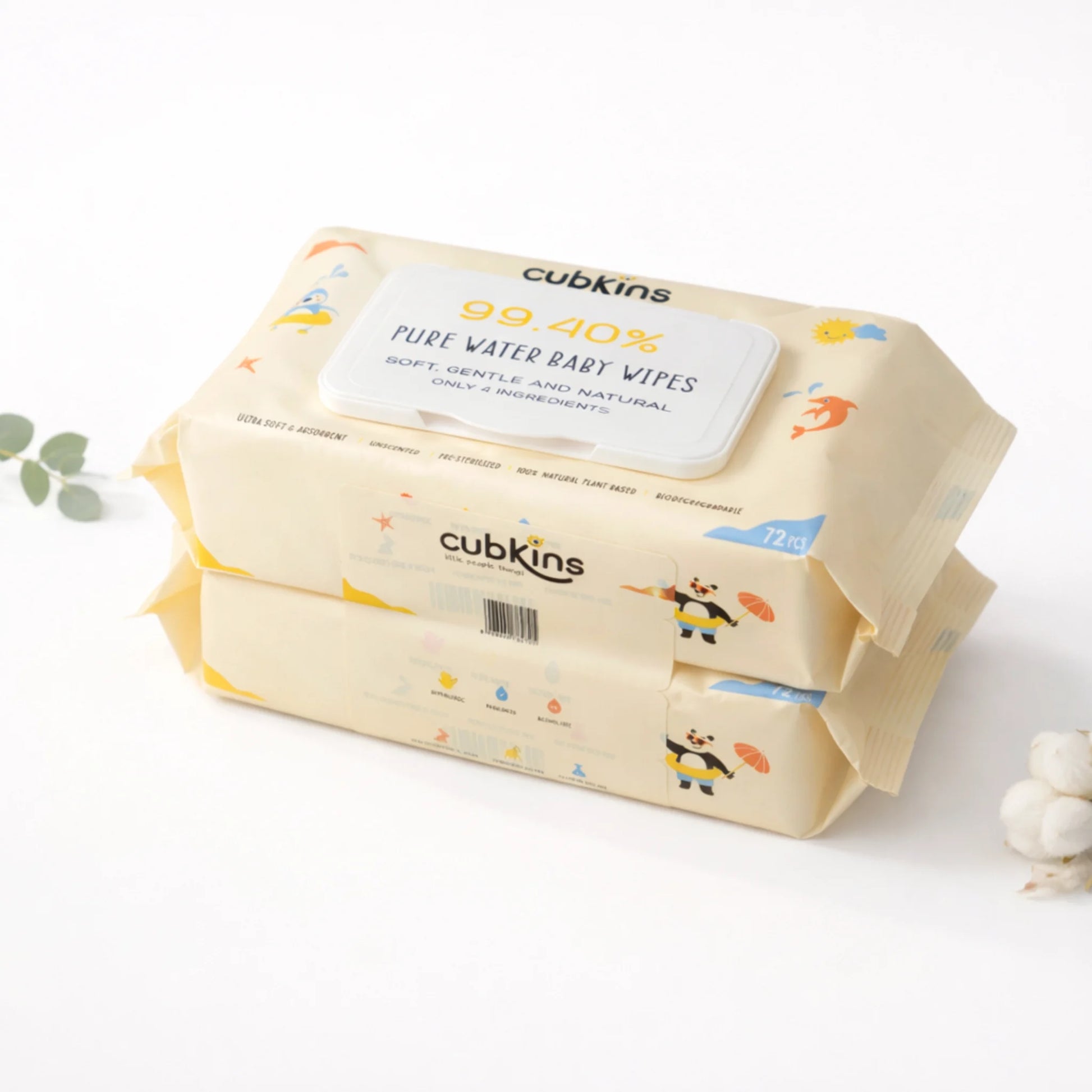 Bundle of 2 Cubkins Pure Water Baby Wipes pack of 72 unscented plant-based wipes with moisture-lock flip lid