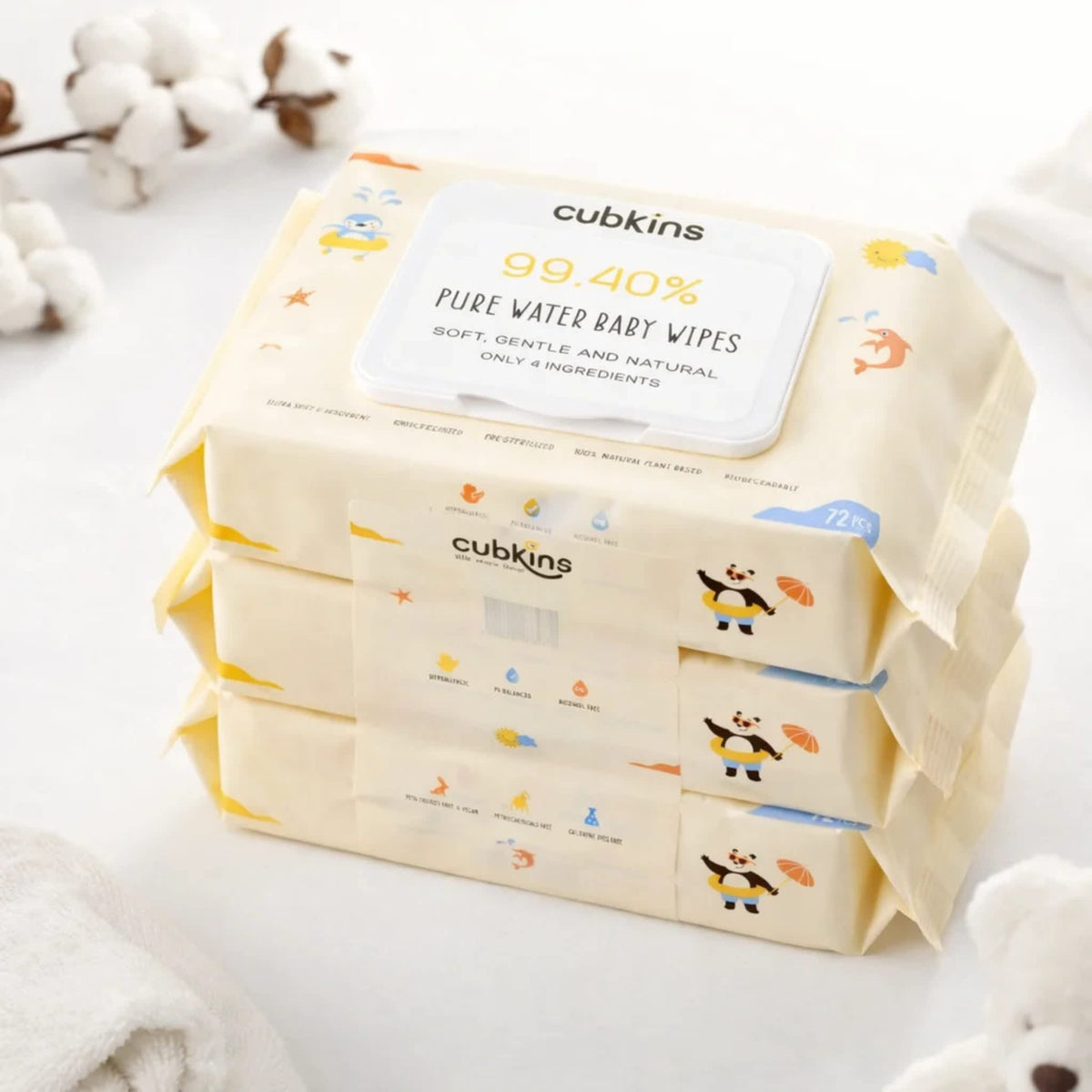 Bundle of 3 Cubkins Pure Water Baby Wipes pack of 72 unscented plant-based wipes with moisture-lock flip lid
