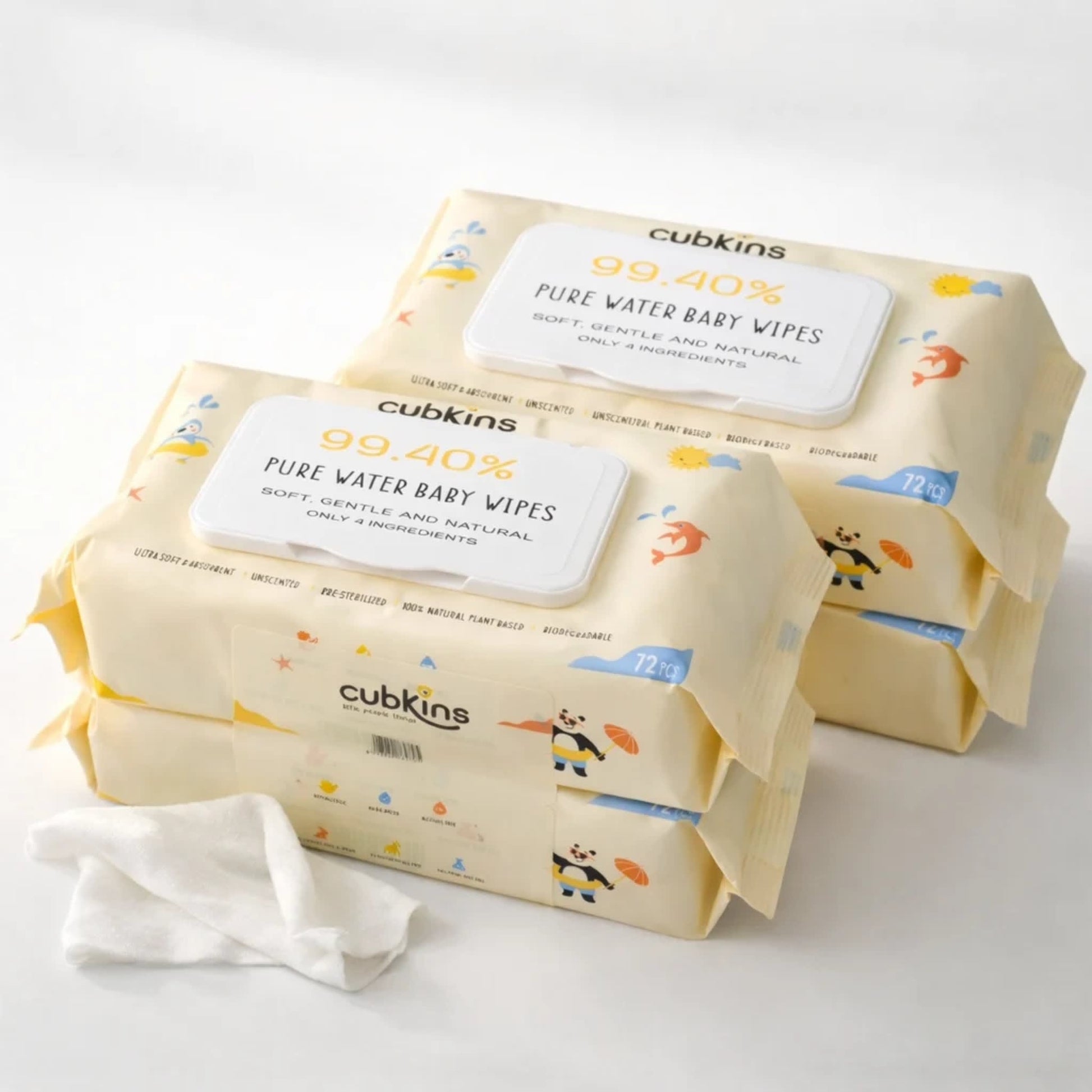 Bundle of 4 Cubkins Pure Water Baby Wipes pack of 72 unscented plant-based wipes with moisture-lock flip lid