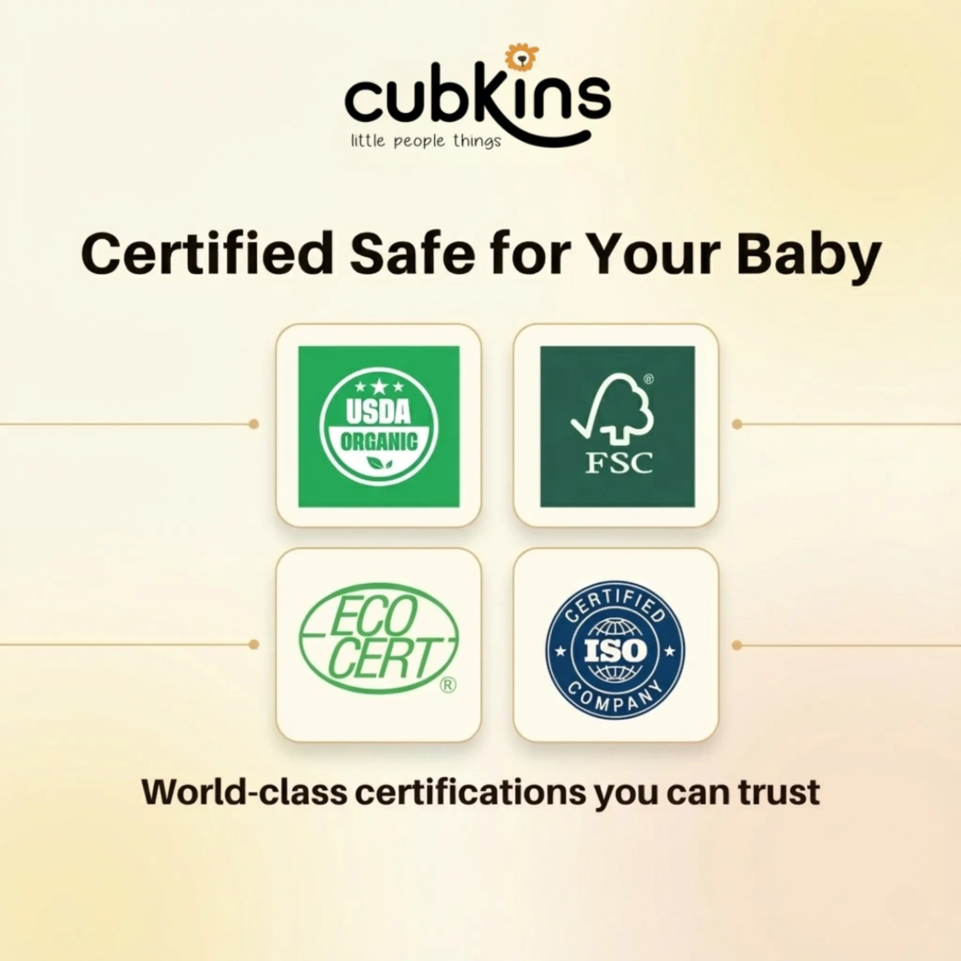 Cubkins baby wipes safety and eco certifications including USDA Organic, FSC, EcoCert, and ISO certification badges 