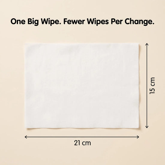 Cubkins baby wipe dimension image showing large wipe size of 21 x 15 cm