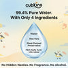 Cubkins baby wipes ingredient list showing 4 safe ingredients: 99.4% pure water, aloe vera, plant-derived preservative, and FDA-approved antimicrobial salt 