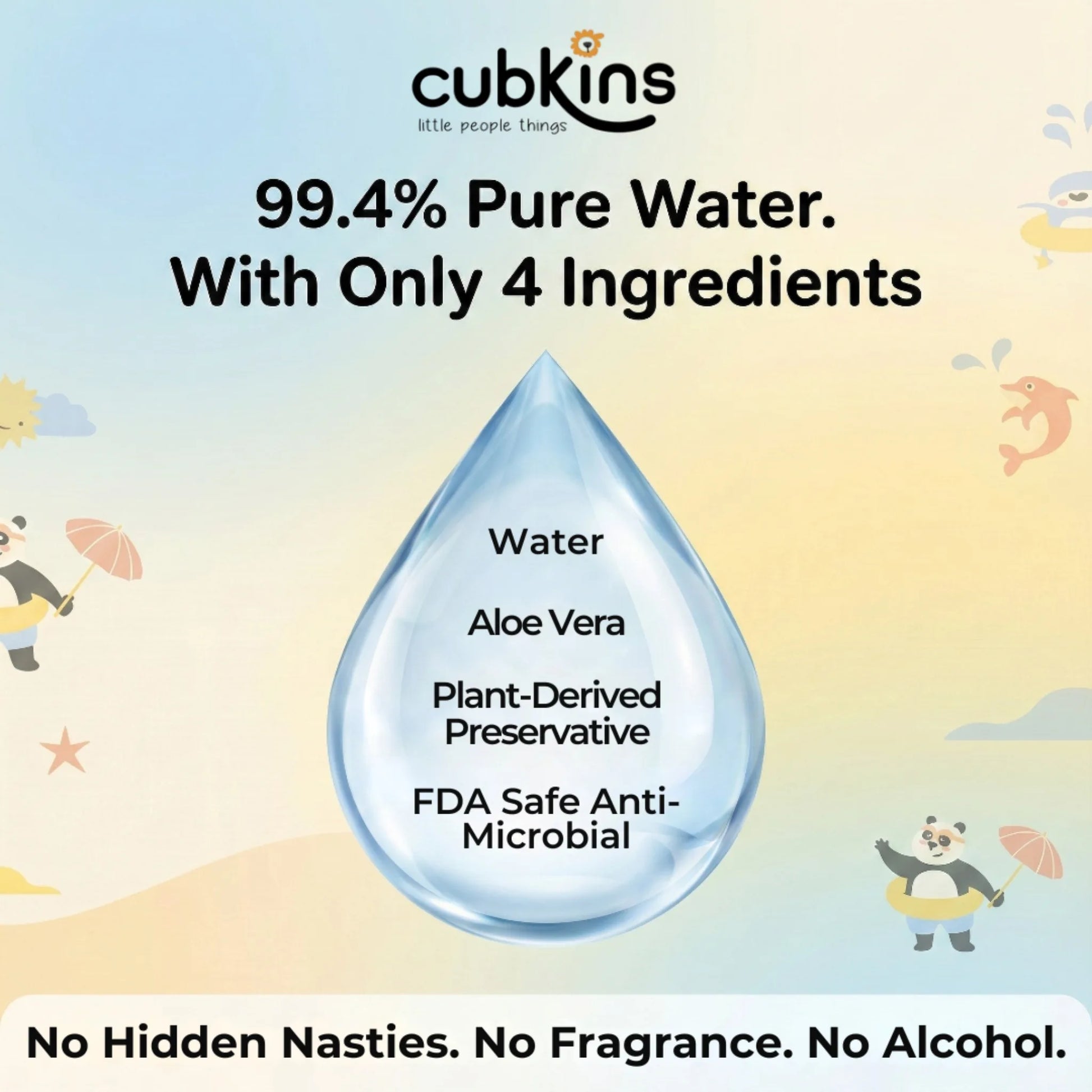 Cubkins baby wipes ingredient list showing 4 safe ingredients: 99.4% pure water, aloe vera, plant-derived preservative, and FDA-approved antimicrobial salt 