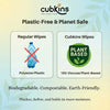 Comparison showing Cubkins 100% plant-based viscose fabric versus polyester plastic wipes, highlighting biodegradable and thicker material.