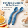 Two blue Cubkins bendable silicone baby spoons with reinforced core and soft animal teether grip, safe for infant gums and first self-feeding