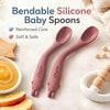 Two raspberry Cubkins bendable silicone baby spoons with reinforced core and soft animal teether grip, BPA-free and safe for infant gums