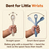 Chart comparing a baby fist holding a straight spoon with the Cubkins blue olive Smart-Bend spoon bent so it faces the baby's mouth