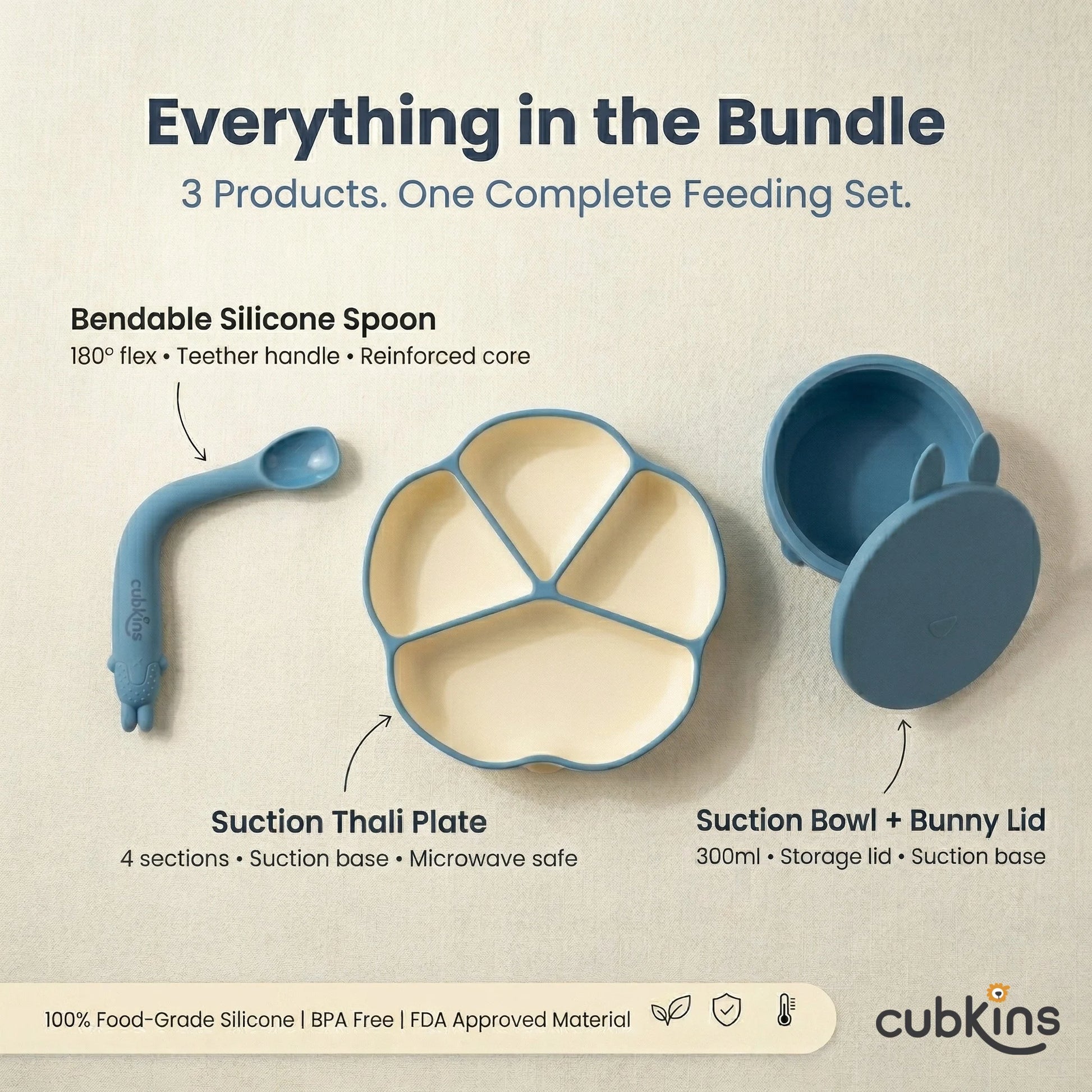 Flat lay of Cubkins Blue Olive 3-piece feeding bundle showing labelled components: bendable silicone spoon with 180° flex, 4-compartment suction thali plate, and suction bowl with bunny-ear storage lid