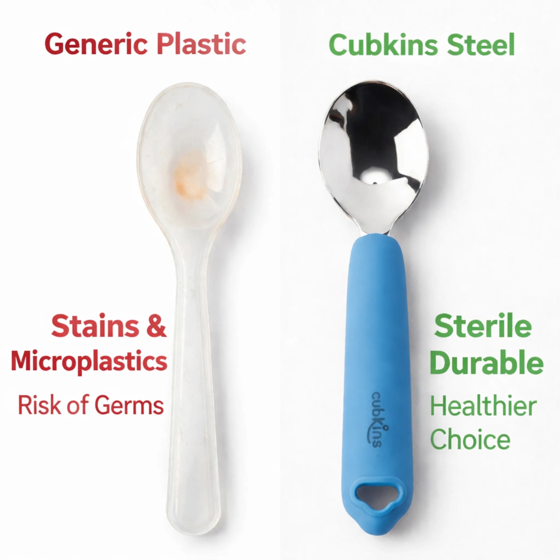 Side-by-side comparison of Cubkins blue olive stainless steel spoon and a yellowed, stained plastic baby spoon