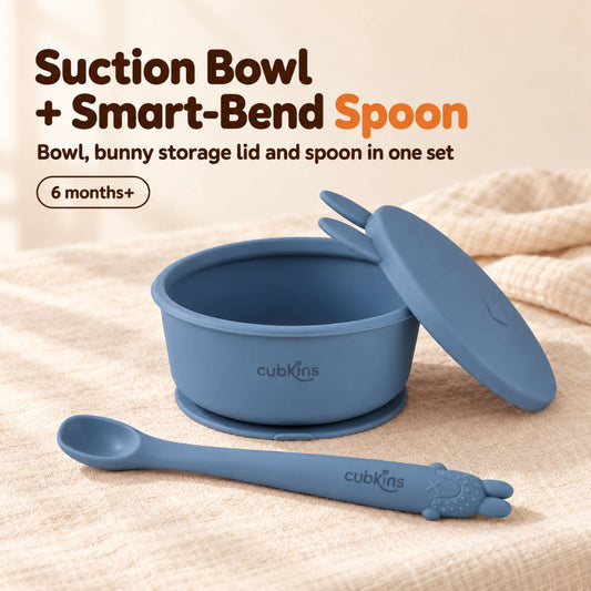 Cubkins starter set in Blue Olive: silicone suction bowl with its bunny storage lid leaning against it and the Smart-Bend bendable spoon, for 6 months+
