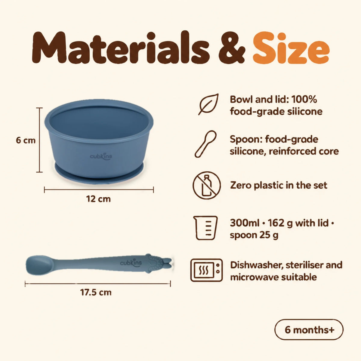 Cubkins blue olive starter set with measuring lines: bowl 12 cm across and 6 cm tall, Smart-Bend spoon 17.5 cm long; 300ml, 162 g with lid, spoon 25 g
