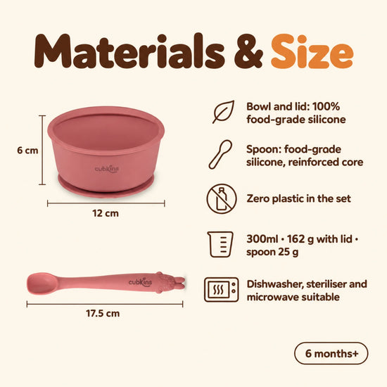 Cubkins raspberry starter set with measuring lines: bowl 12 cm across and 6 cm tall, Smart-Bend spoon 17.5 cm long; 300ml, 162 g with lid, spoon 25 g
