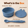 What is in the Cubkins blue olive starter set: a silicone suction bowl, its bunny storage lid and a Smart-Bend bendable spoon