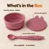 What is in the Cubkins raspberry starter set: a silicone suction bowl, its bunny storage lid and a Smart-Bend bendable spoon