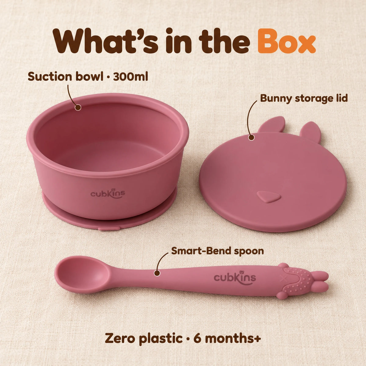 What is in the Cubkins raspberry starter set: a silicone suction bowl, its bunny storage lid and a Smart-Bend bendable spoon