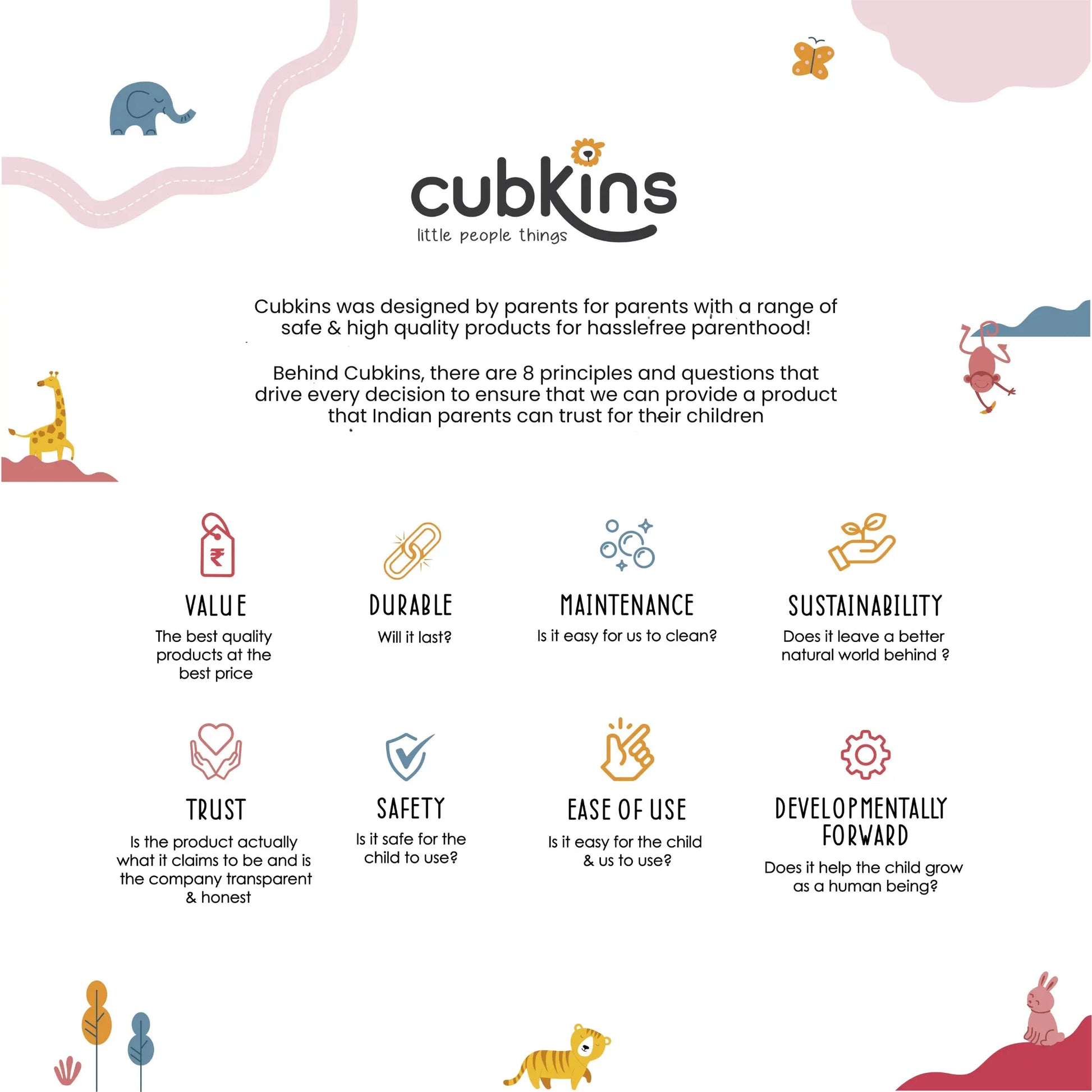 Cubkins brand promise infographic - Designed by parents for parents with 8 principles including Safety, Value, Durability, and Trust