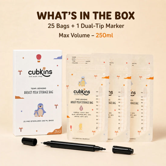 Cubkins 25-pack temp-sensing breast milk storage bags box with free dual-tip marker