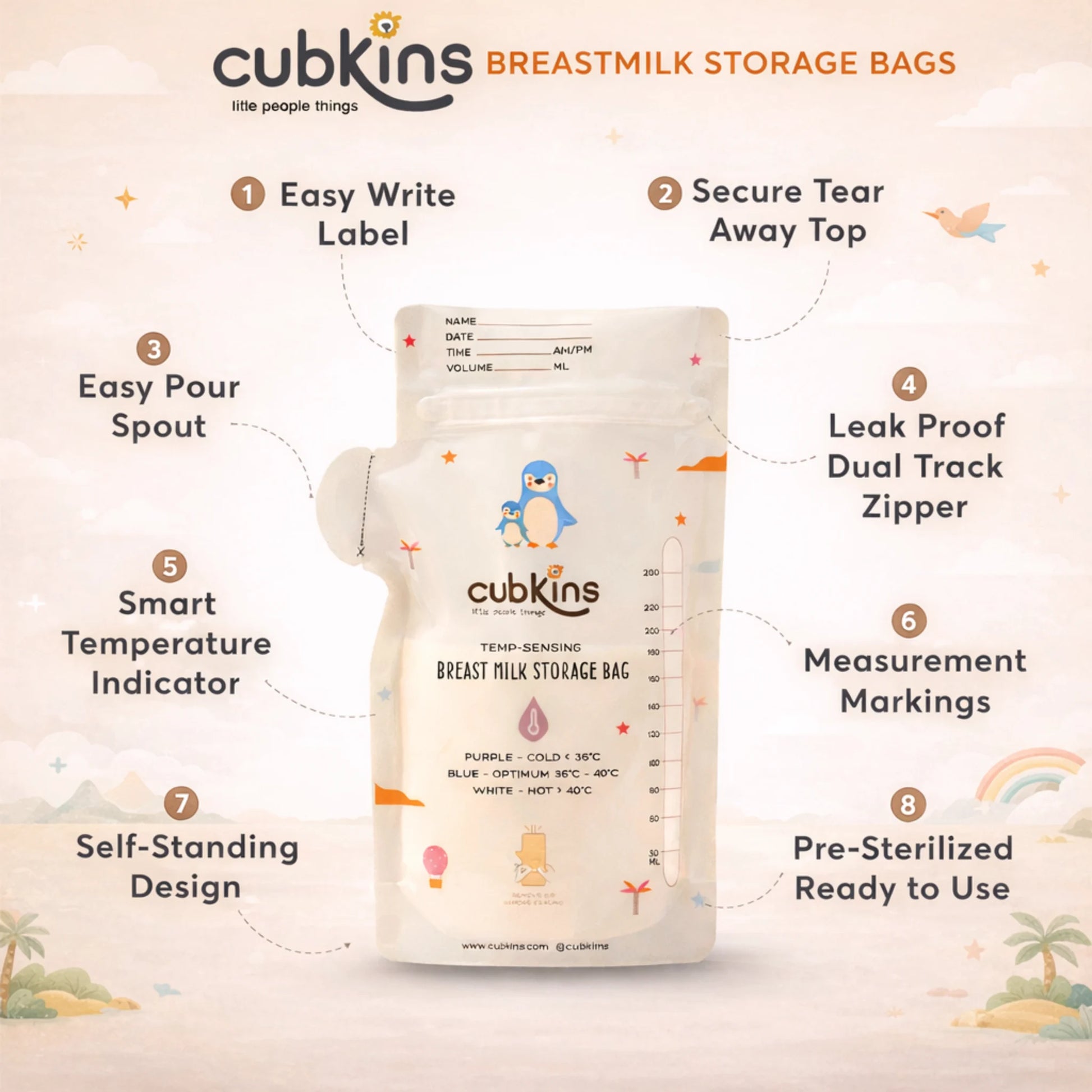 Cubkins Breast Milk Storage Bag Features – Easy-Pour Spout, Dual-Track Zipper, Temp Indicator, Pre-Sterilized