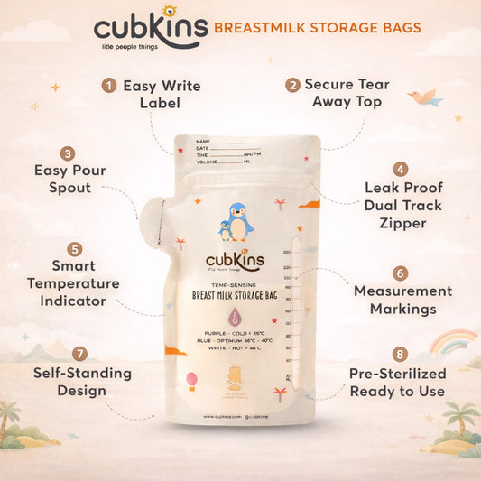 Cubkins Breast Milk Storage Bag Features – Easy-Pour Spout, Dual-Track Zipper, Temp Indicator, Pre-Sterilized